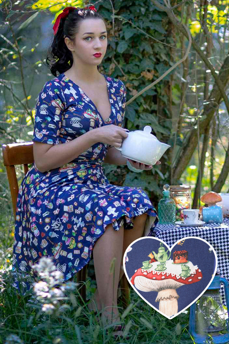 Matilda Navy Blue with Wonderland Print Knit Wrap Dress