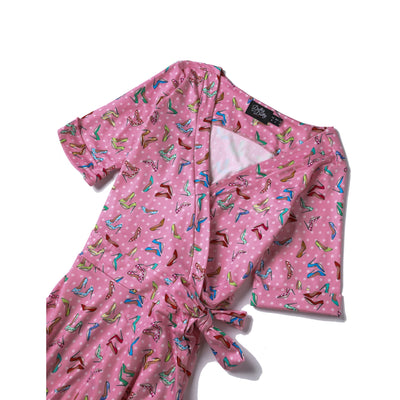 PRE ORDER Matilda Cream Pink in Colourful Heels & White Polka Print Wrap Dress