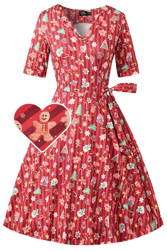 Matilda Red Gingerbread Christmas Wrap Dress — front view