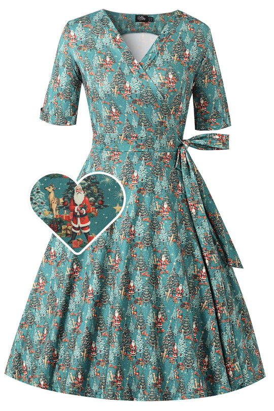 Matilda Santa & Reindeer Christmas Wrap Dress In Teal — front view