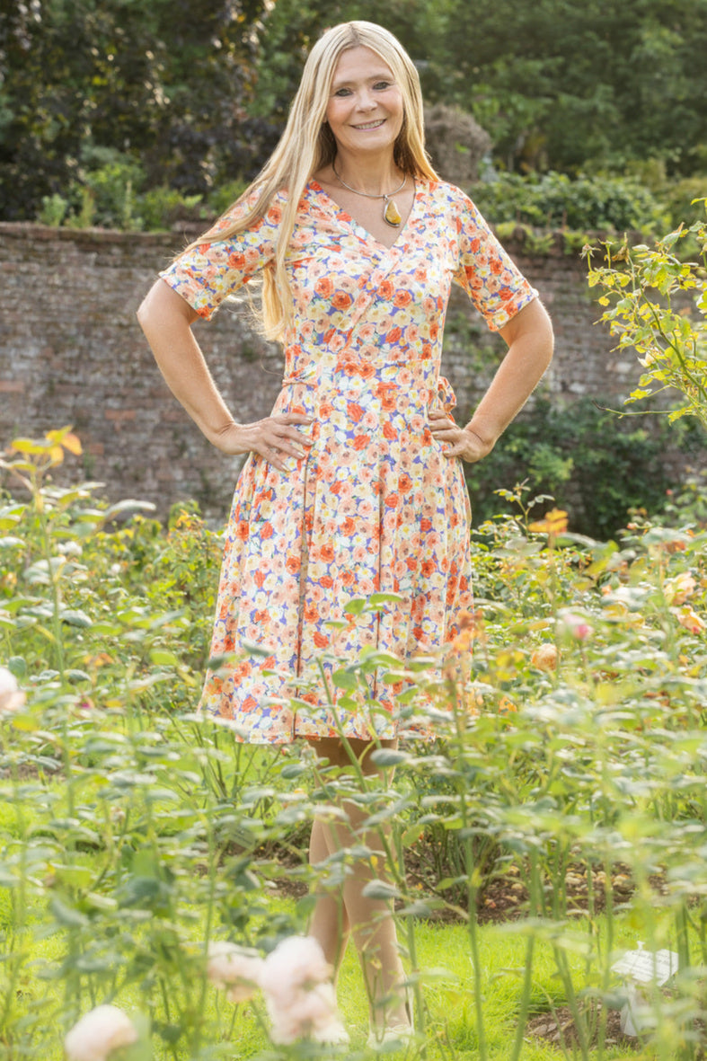 Matilda White Colorful Roses Knit Wrap Dress