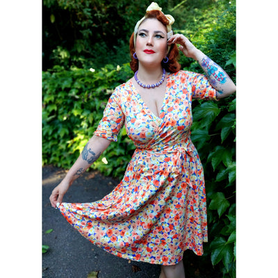 Matilda White Colorful Roses Knit Wrap Dress