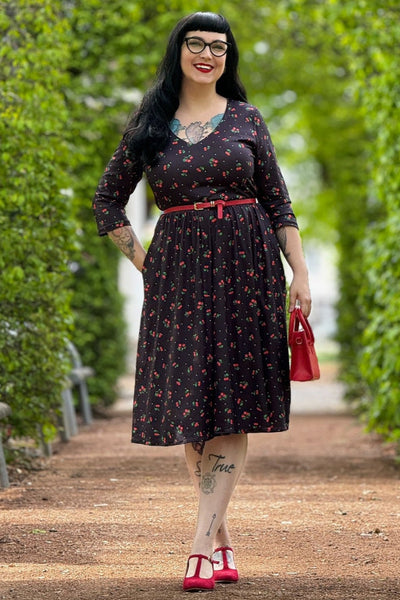 PRE ORDER Billie Long Sleeved Black Cherry Print Dress