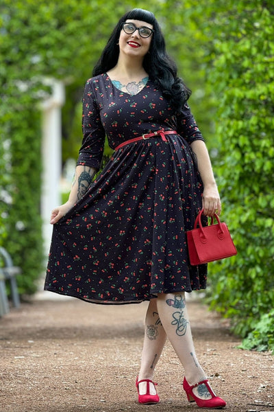 PRE ORDER Billie Long Sleeved Black Cherry Print Dress