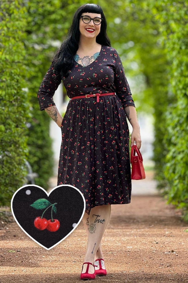 PRE ORDER Billie Long Sleeved Black Cherry Print Dress