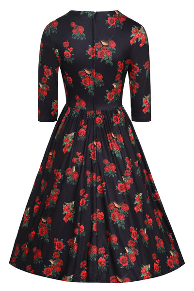 Billie Long Sleeved Dress in Black & Red Rose Print