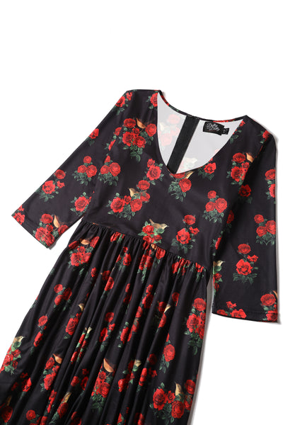 Billie Long Sleeved Dress in Black & Red Rose Print