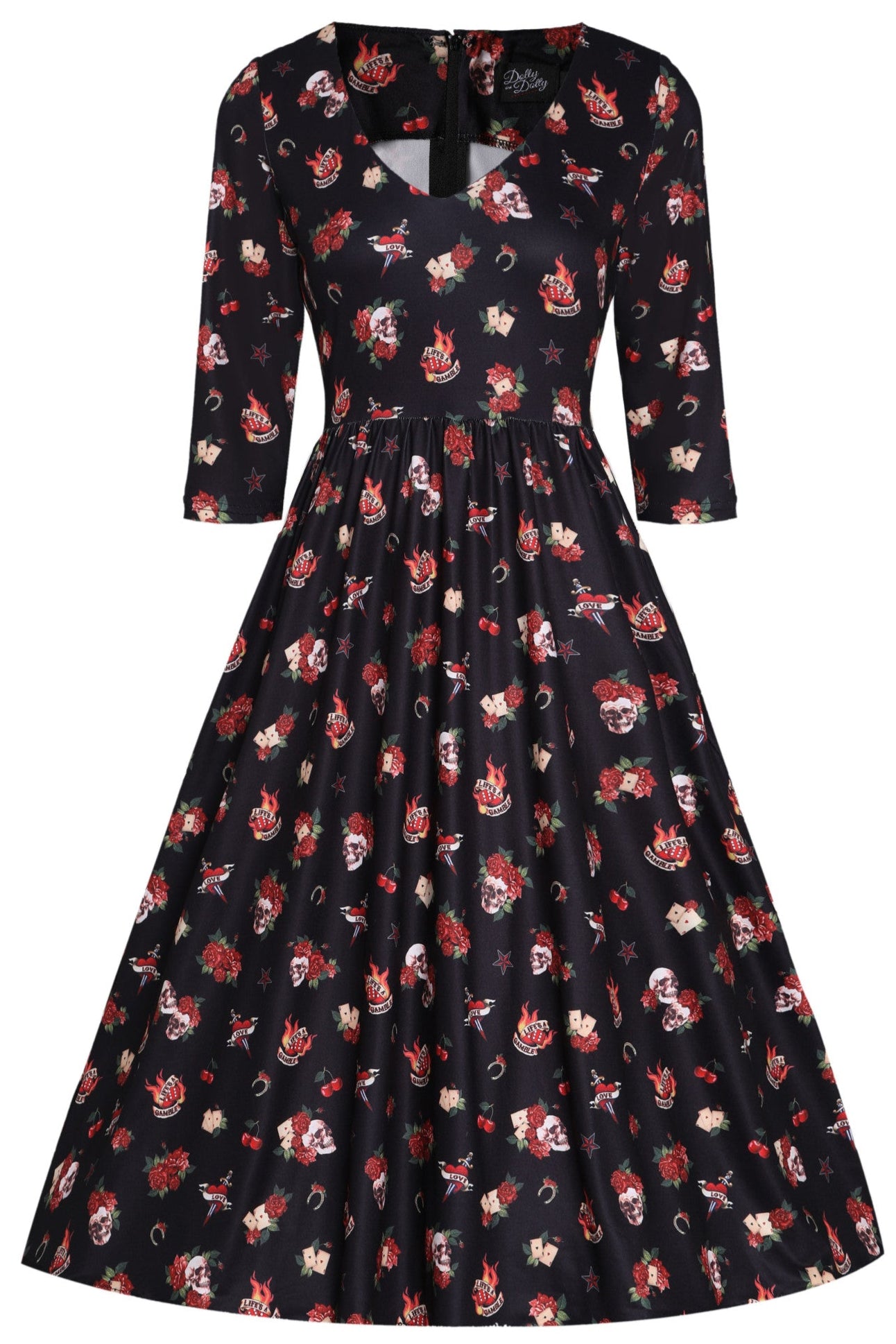 Billie Long Sleeved Black Skull & Rose Print Dress