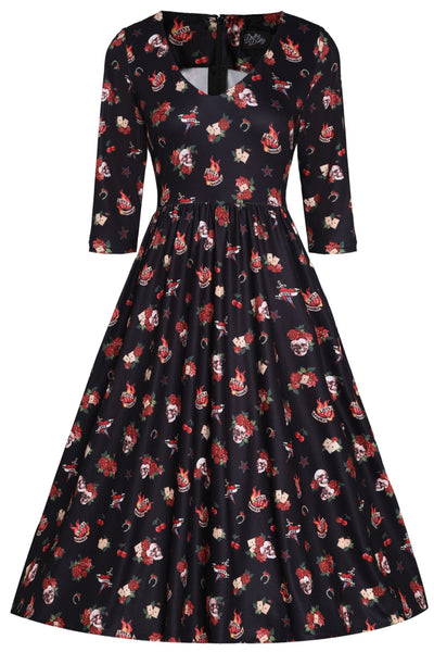 Billie Long Sleeved Black Skull & Rose Print Dress