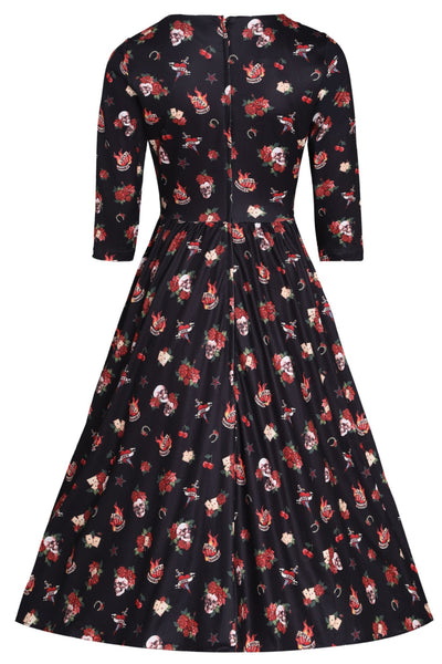 Billie Long Sleeved Black Skull & Rose Print Dress