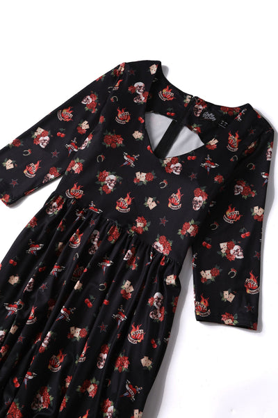 Billie Long Sleeved Black Skull & Rose Print Dress