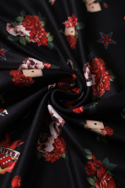 Billie Long Sleeved Black Skull & Rose Print Dress