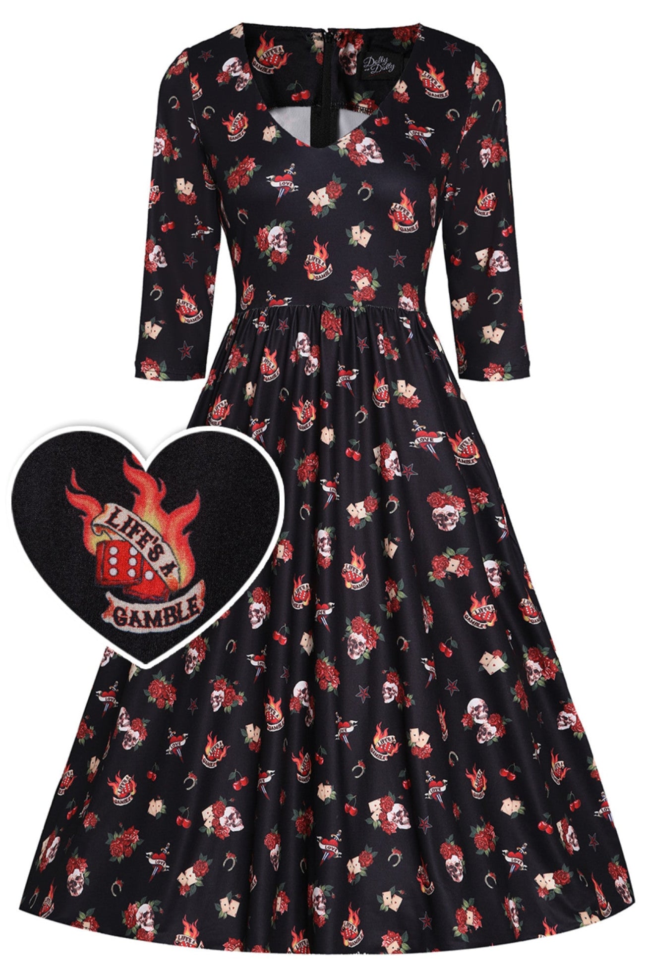 Billie Long Sleeved Black Skull & Rose Print Dress
