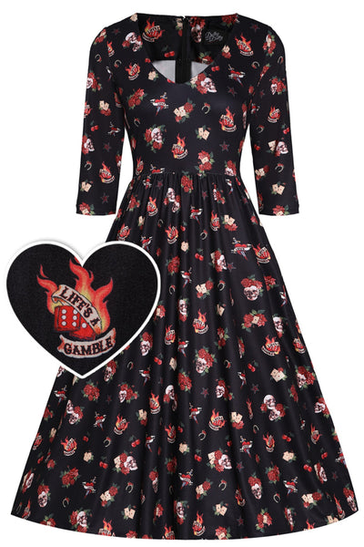 Billie Long Sleeved Black Skull & Rose Print Dress