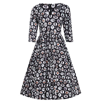 PRE ORDER Billie Spooky Halloween Print in Black Long Sleeved Dress