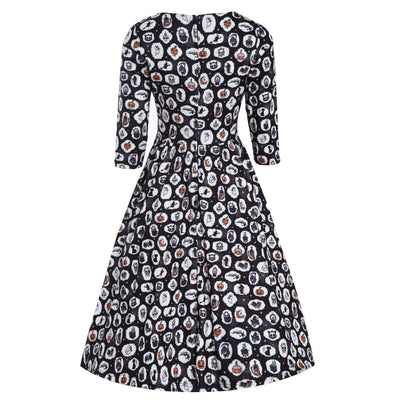 Billie Spooky Halloween Print in Black Long Sleeved Dress