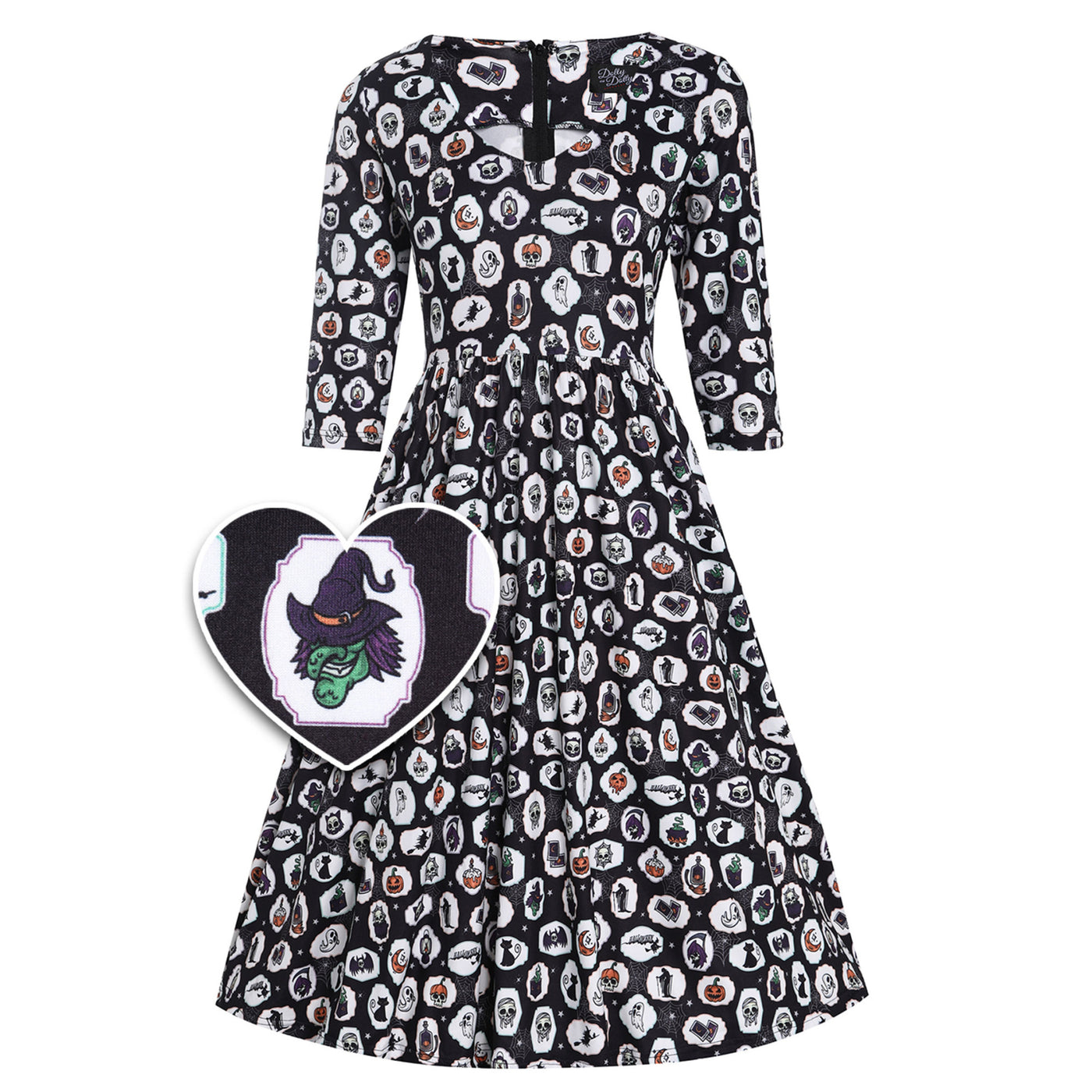 Billie Spooky Halloween Print in Black Long Sleeved Dress