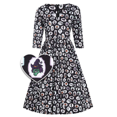 PRE ORDER Billie Spooky Halloween Print in Black Long Sleeved Dress