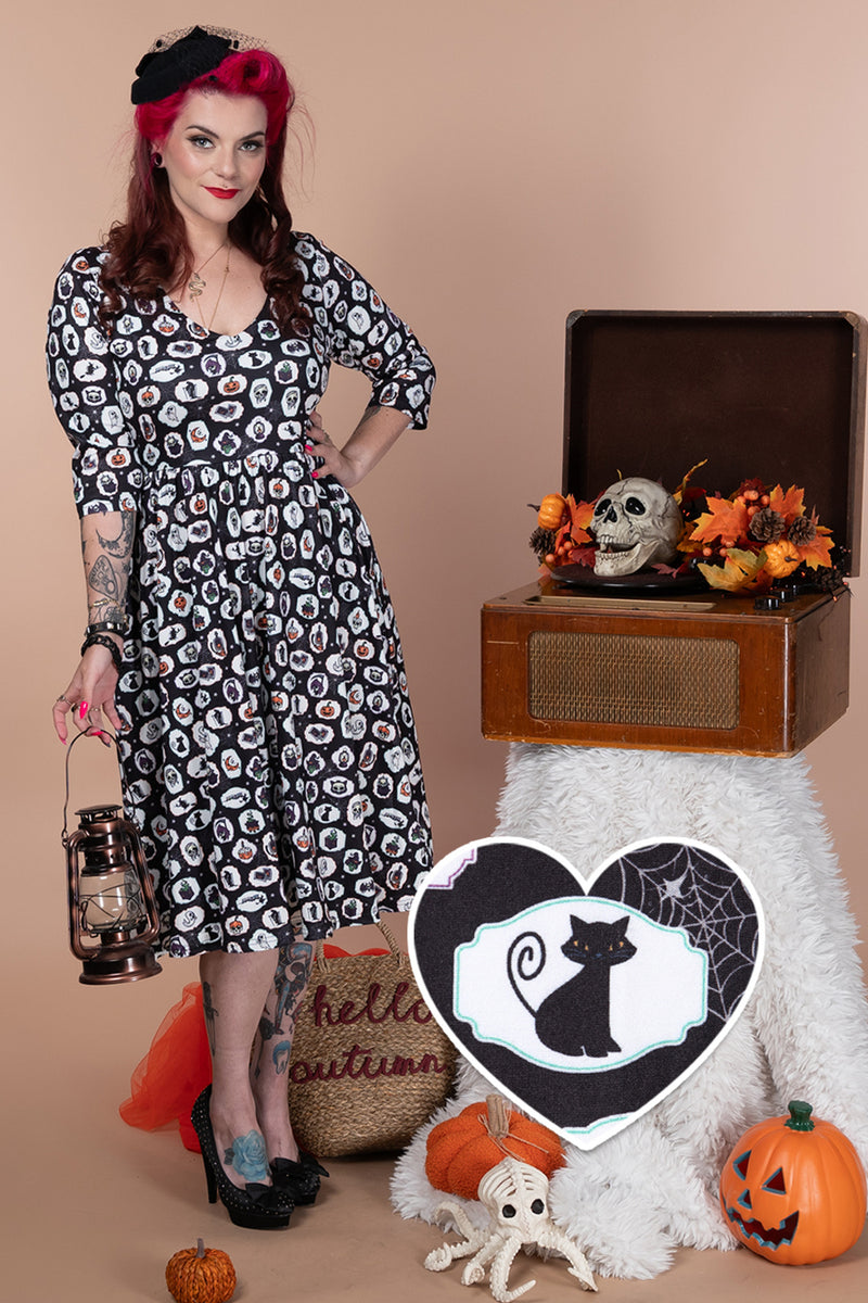PRE ORDER Billie Spooky Halloween Print in Black Long Sleeved Dress