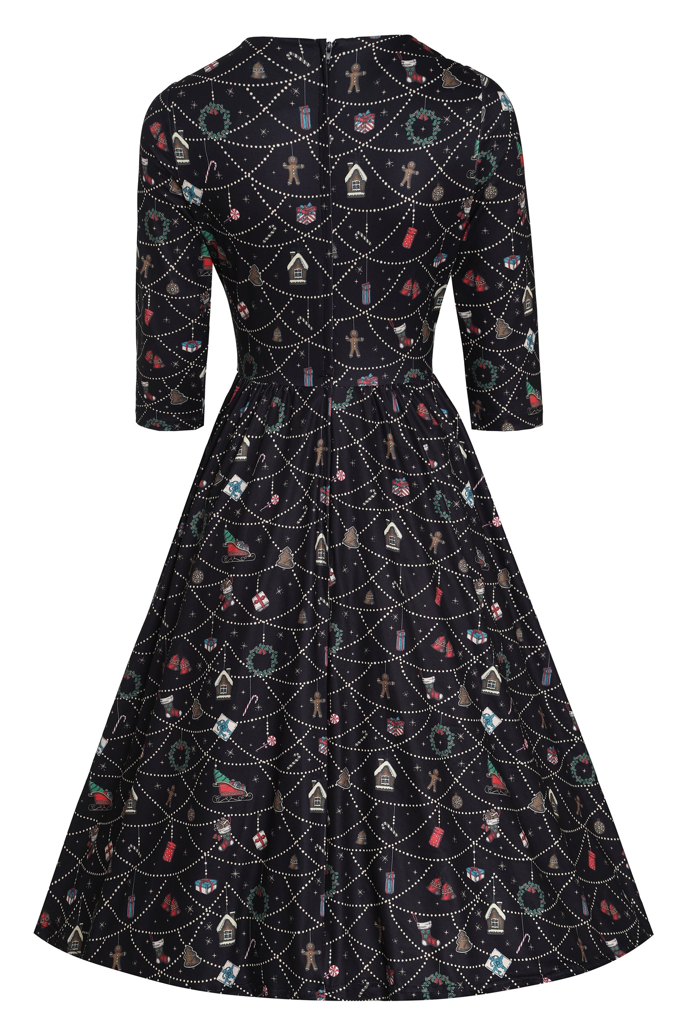 Billie Long Sleeved Dress in Black Christmas Ornament Print