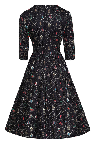 Billie Long Sleeved Dress in Black Christmas Ornament Print