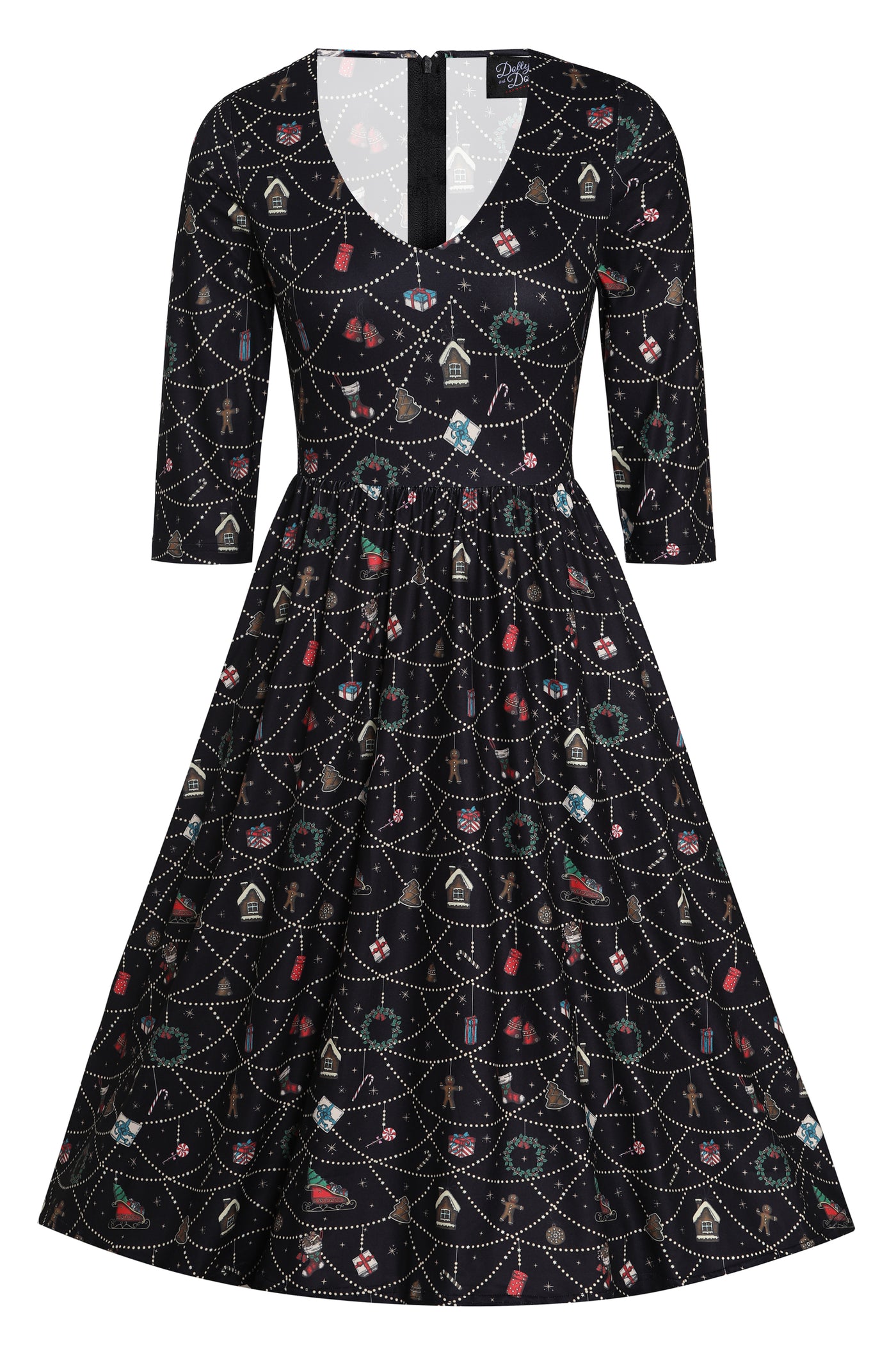 Billie Long Sleeved Dress in Black Christmas Ornament Print
