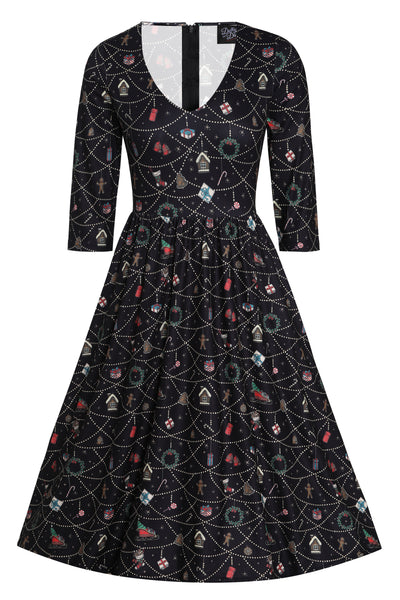 Billie Long Sleeved Dress in Black Christmas Ornament Print