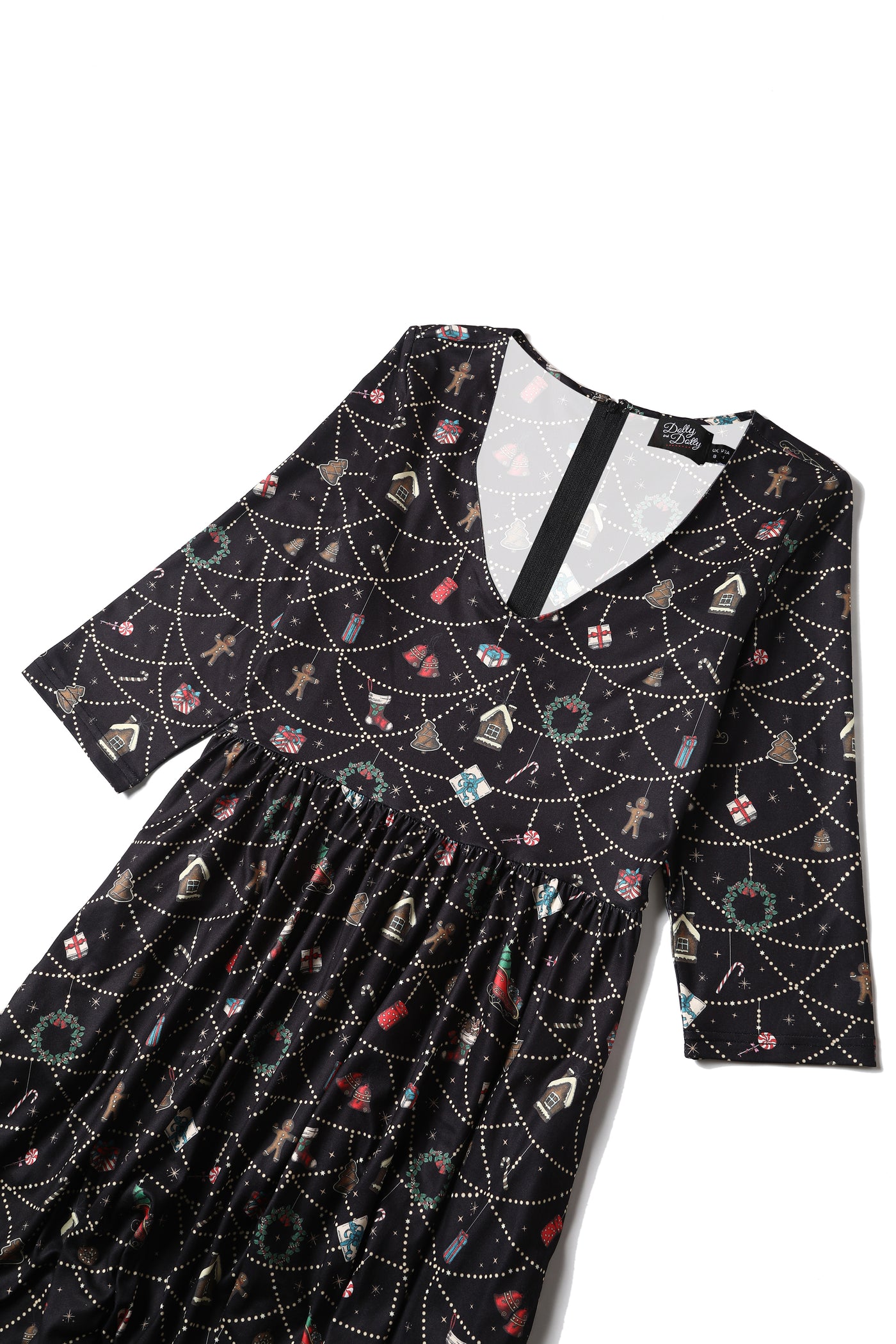 Billie Long Sleeved Dress in Black Christmas Ornament Print