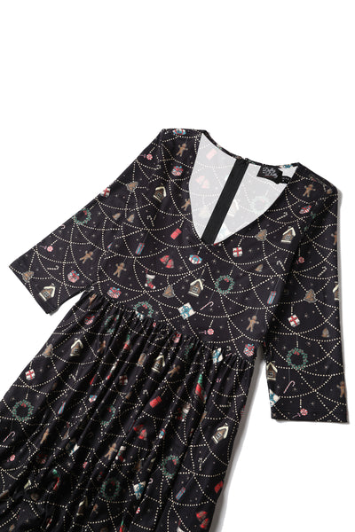 Billie Long Sleeved Dress in Black Christmas Ornament Print