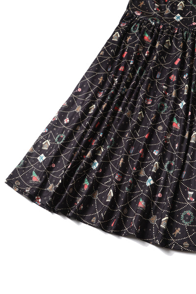 Billie Long Sleeved Dress in Black Christmas Ornament Print