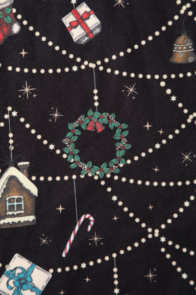 Billie Long Sleeved Dress in Black Christmas Ornament Print