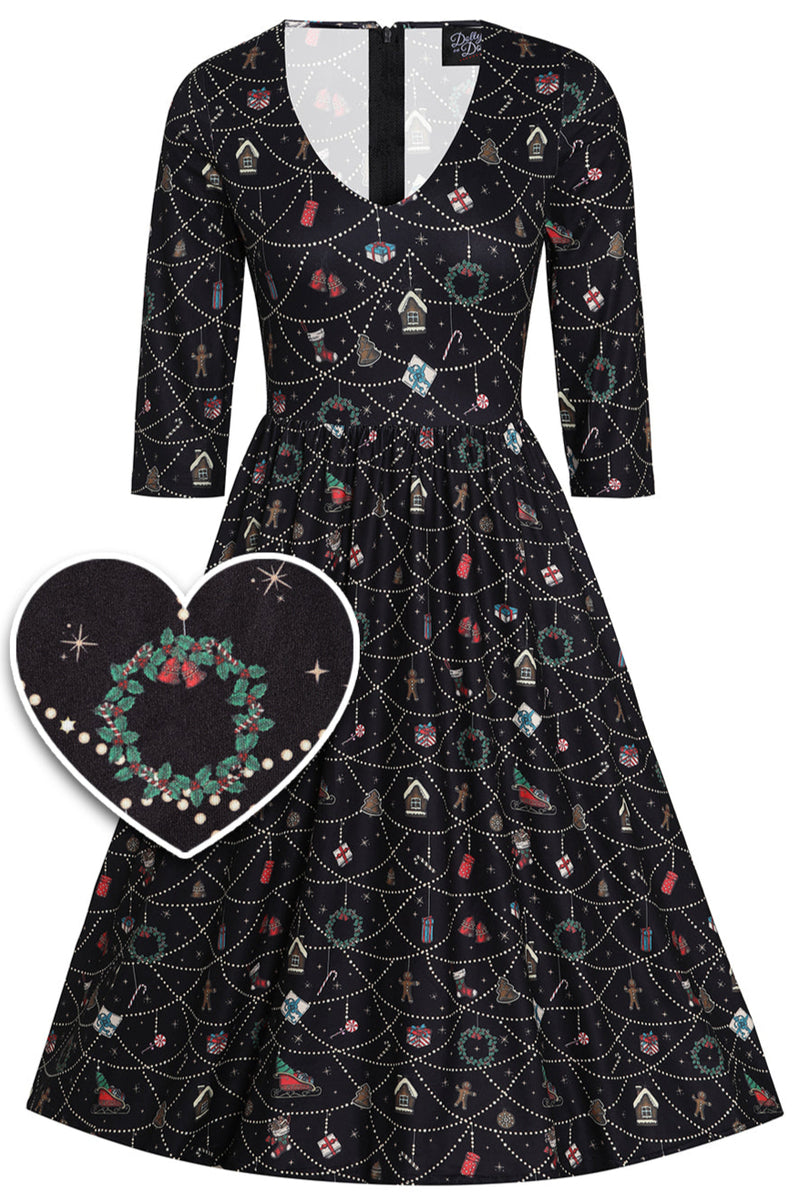 Billie Long Sleeved Dress in Black Christmas Ornament Print
