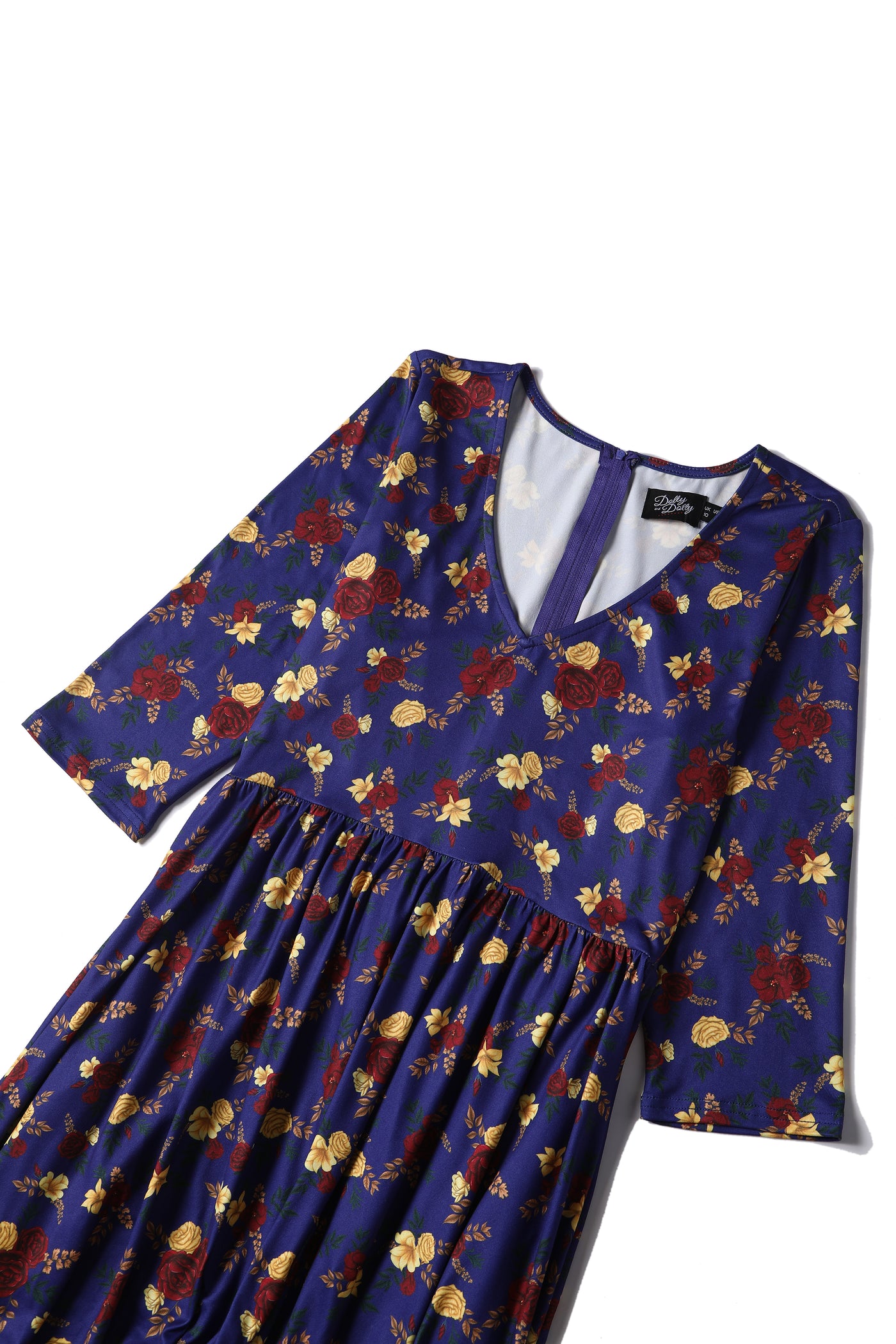 EU STOCK Billie Blue Long Sleeved Red Rose Print Flared Dress