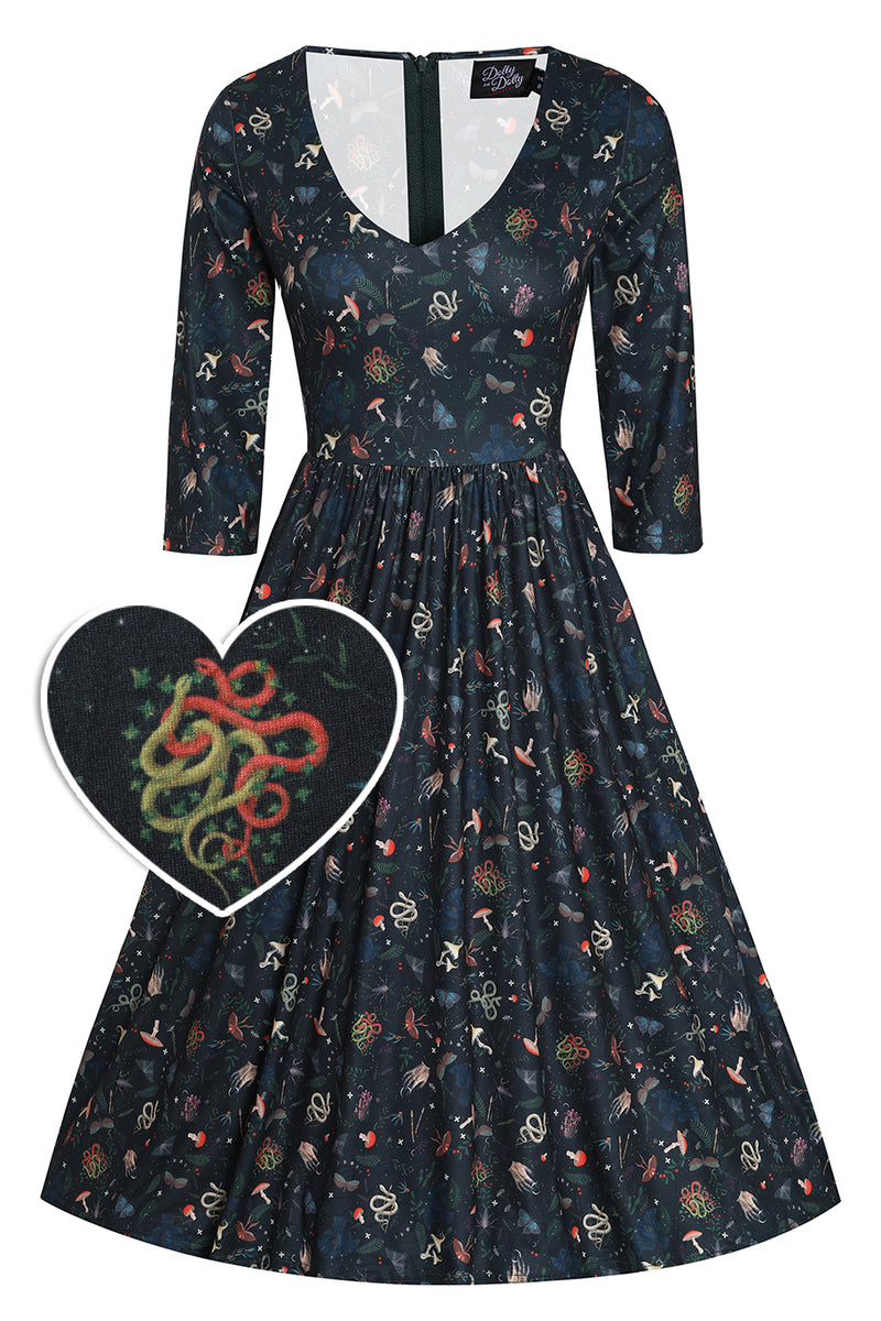Billie Long Sleeved Dress in Dark Green Mystical Forest Print