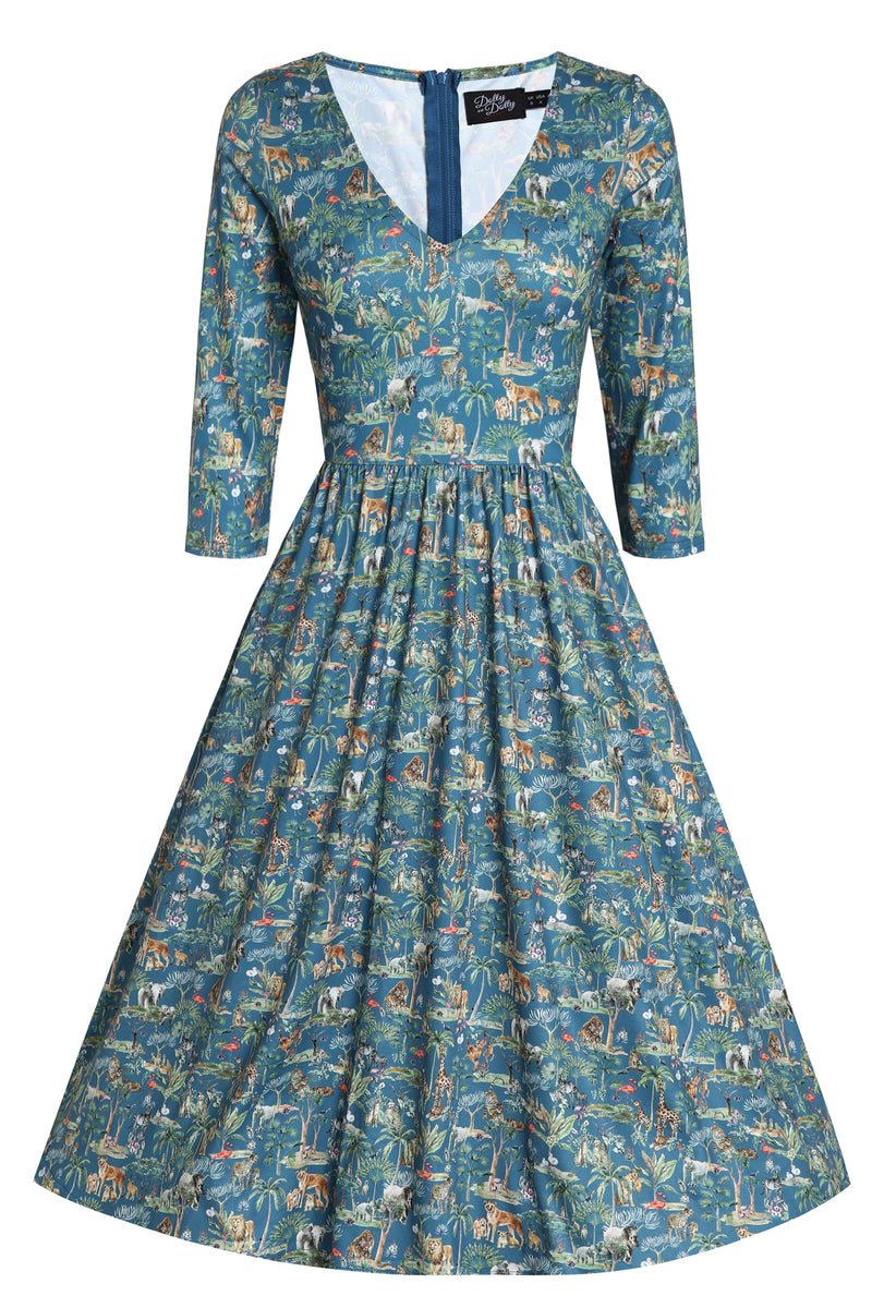Billie Safari Animal Blue Long Sleeved Dress