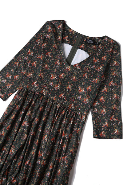 EU Stock-Billie Dark Green Forest Print Long Sleeved Dress