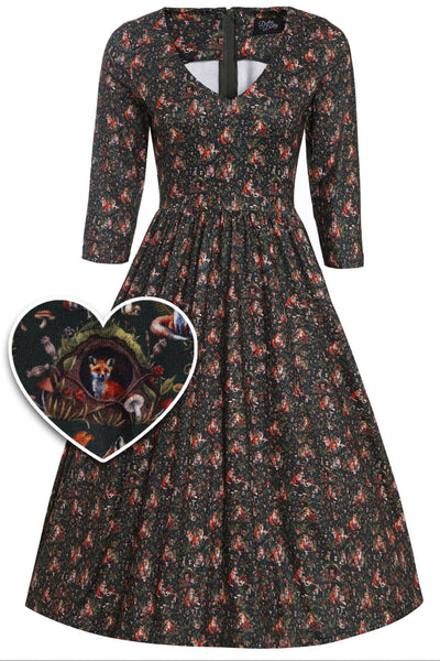 Billie Dark Green Forest Print Long Sleeved Dress