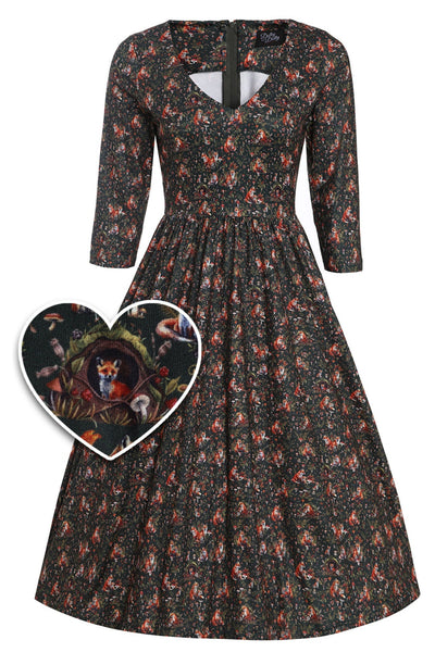 EU Stock-Billie Dark Green Forest Print Long Sleeved Dress