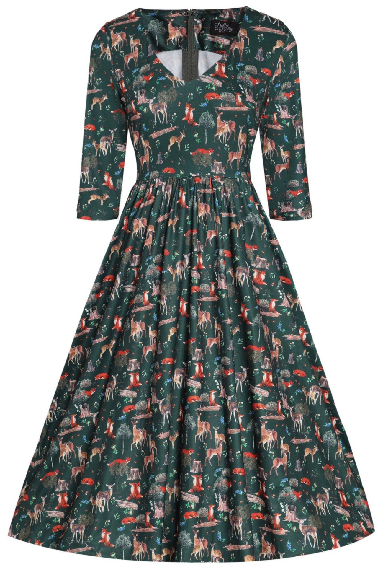 Billie Long Sleeved Dark Green Woodland Print Dress