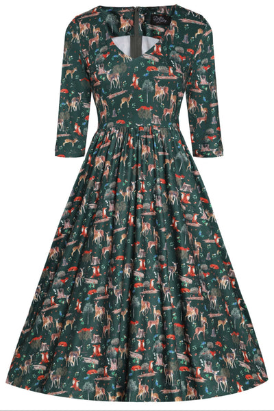 Billie Long Sleeved Dark Green Woodland Print Dress