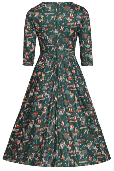 Billie Long Sleeved Dark Green Woodland Print Dress