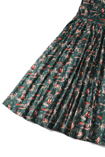 Billie Long Sleeved Dark Green Woodland Print Dress