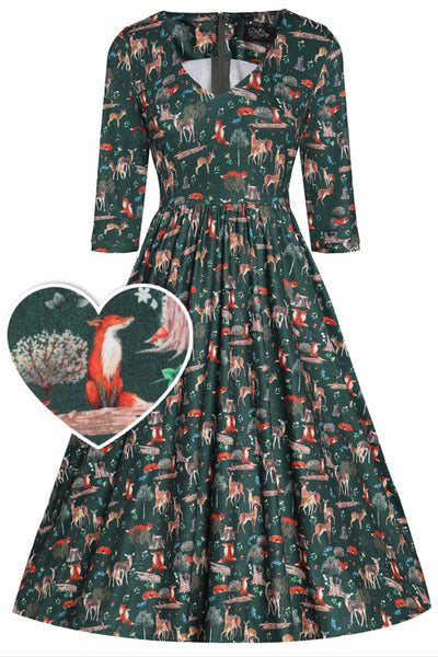 Billie Long Sleeved Dark Green Woodland Print Dress