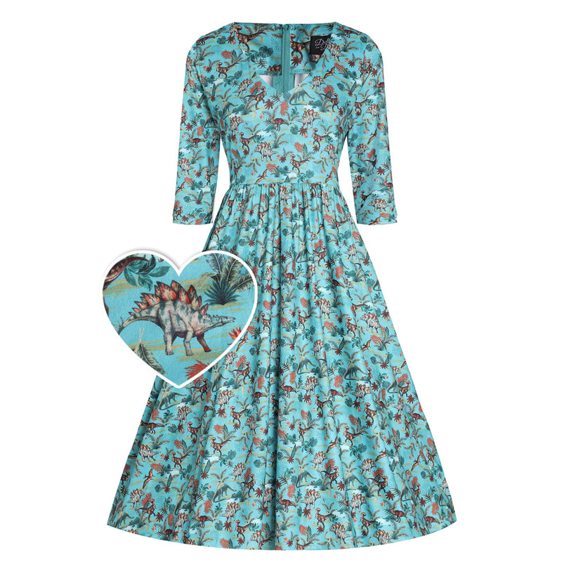 PRE ORDER Billie Long Sleeved Green Dinosaur Print Dress