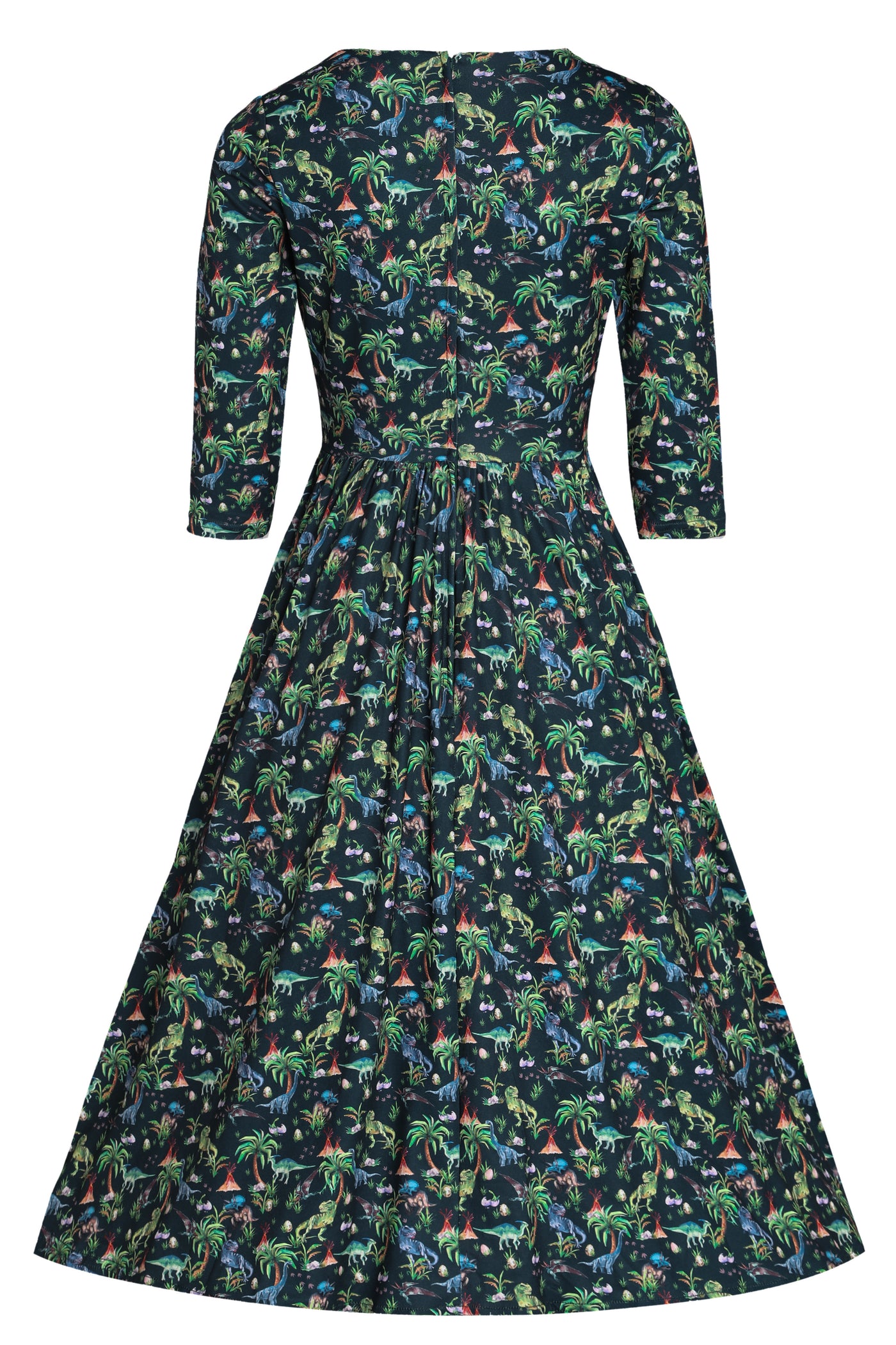 Billie Long Sleeved Dress in Teal Green Dinosaur Forest Print