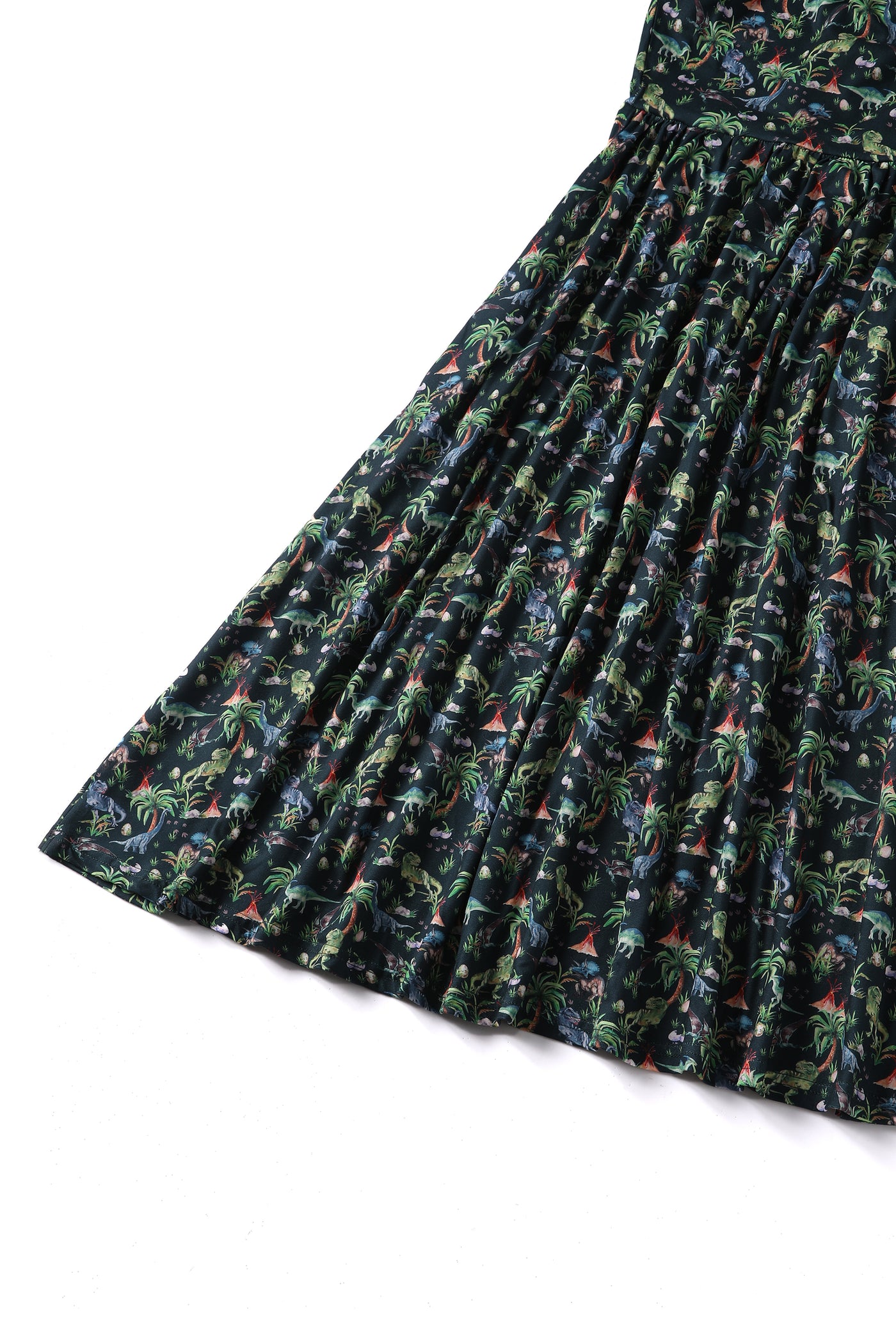 Billie Long Sleeved Dress in Teal Green Dinosaur Forest Print