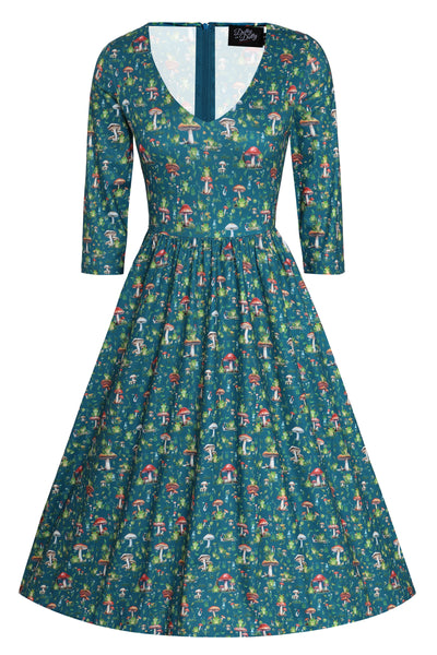 Billie Long Sleeved Dress in Green Frog & Mushroom Print