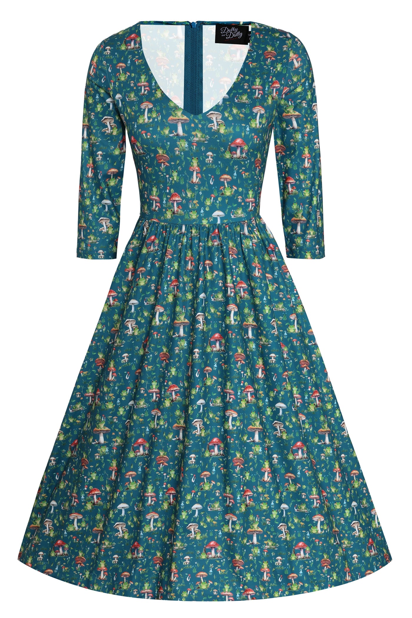 PRE ORDER Billie Long Sleeved Dress in Green Frog & Mushroom Print