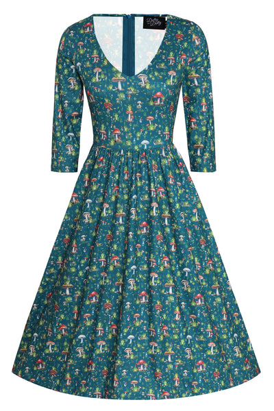 PRE ORDER Billie Long Sleeved Dress in Green Frog & Mushroom Print
