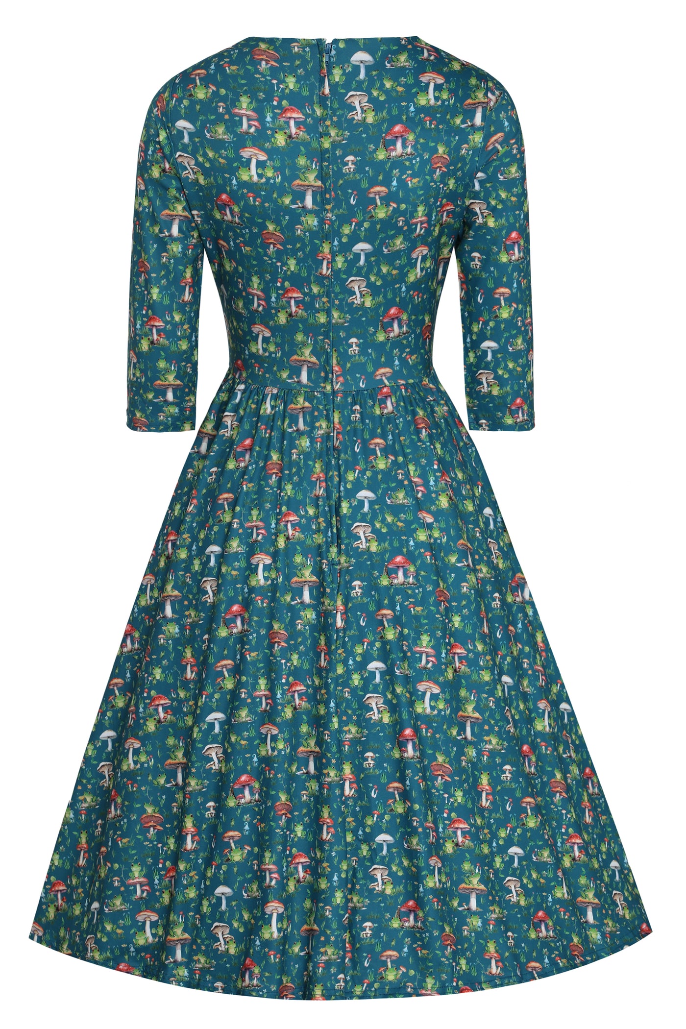 Billie Long Sleeved Dress in Green Frog & Mushroom Print